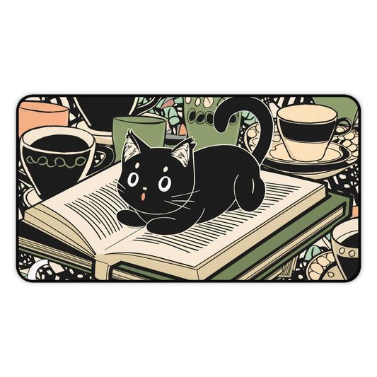 Anime-inspired Black Cat Desk Mat | Playful Illustration for Office or Gaming Available in three sizes: 12" × 18", 12" × 22", and 31" × 15.5"