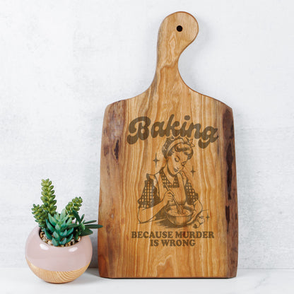 Premium Cherry Wood Live Edge Serving Board - 'Baking because murder is wrong' Design Laser Engraving