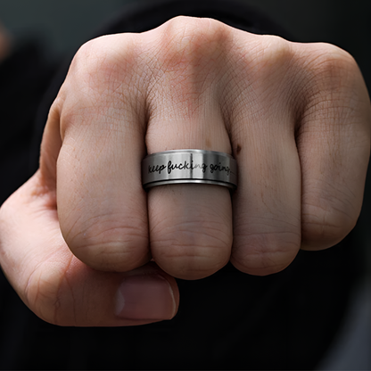 Keep Fucking Going Spinner Ring | Silver & Black Stainless Steel Anxiety Ring Includes a Novel Ring Gift Box