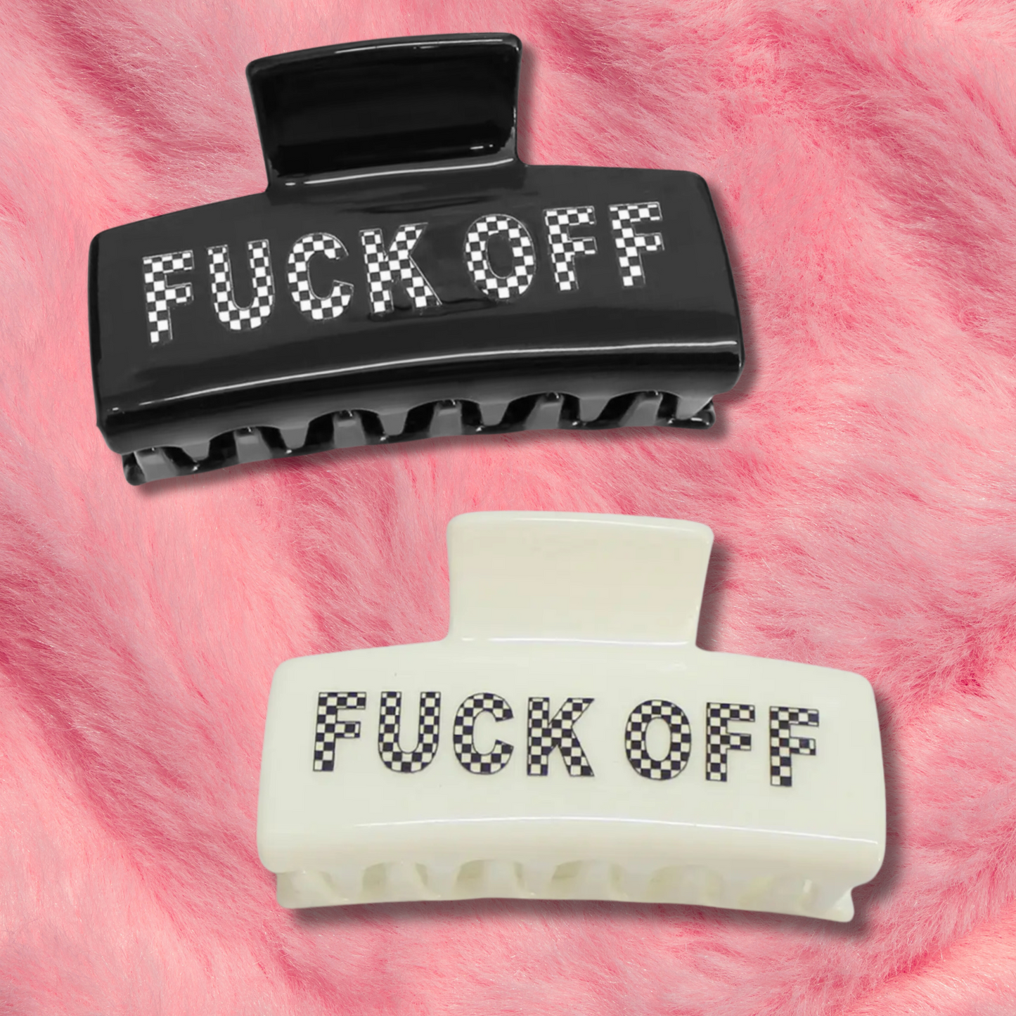 Acrylic Checker 'FUCK OFF' Print Hair Claw - 3.1'' Wide with a Black Velvet Moon & Stars Jewelry Drawstring Gift Bag