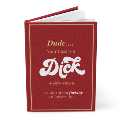 How about this: "Hey, navigate work vibes with a sleek matte-dark red hardcover journal for your thoughts and notes?"