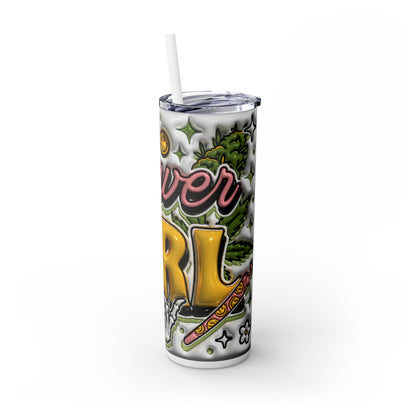 Flower Girl 3D Skinny Tumbler Design: Cannabis, Skeleton Hand, Smiley Faces & Daisies Skinny Tumbler with Straw, 20oz, White