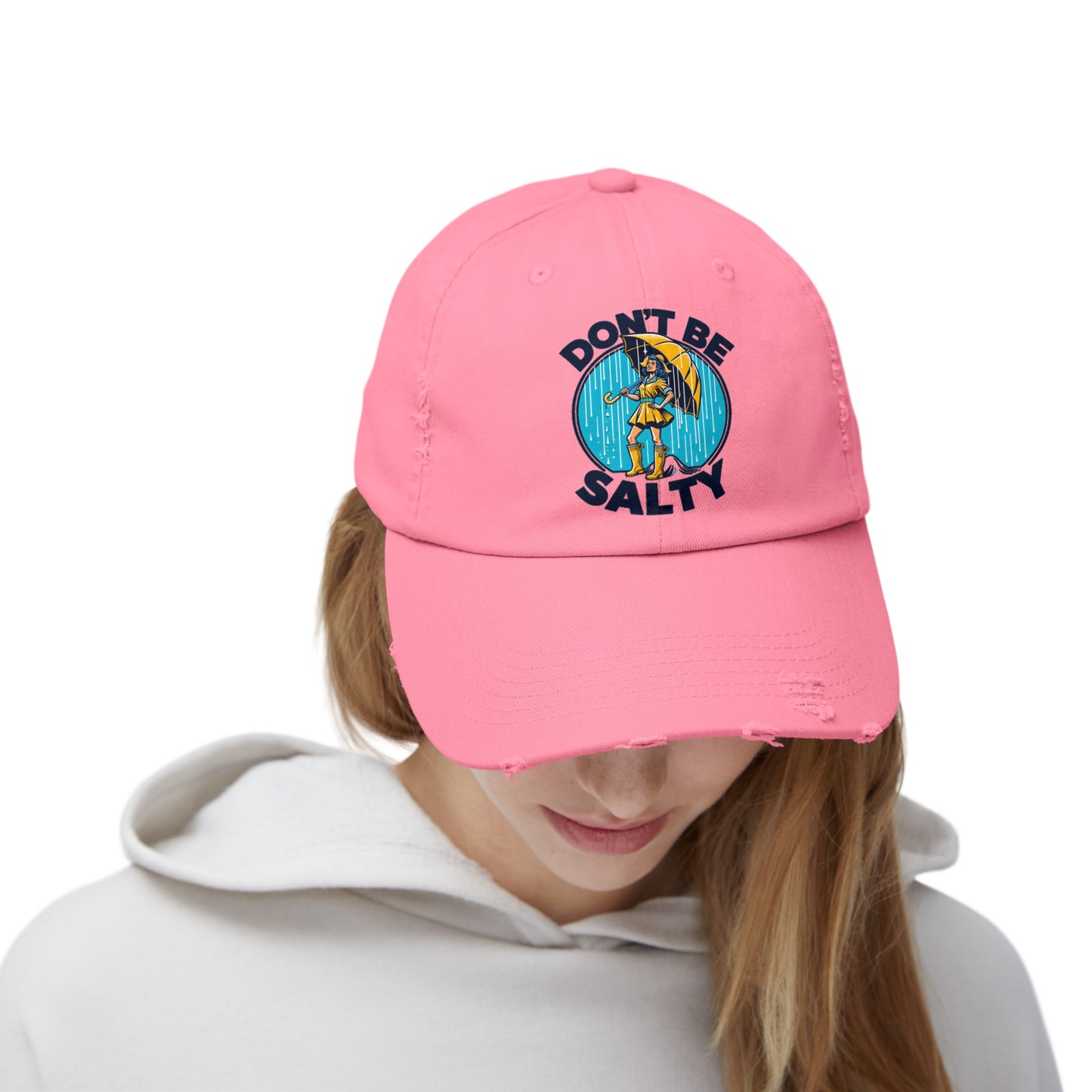 Don't Be Salty: Classic Morton's Salt Girl with Yellow Umbrella on Unisex Distressed Cap 4 Colors