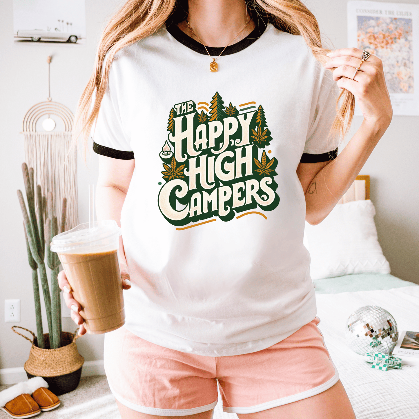 Happy High Campers Ringer T-Shirt: Retro Cannabis Camping Unisex Cotton Ringer T-Shirt