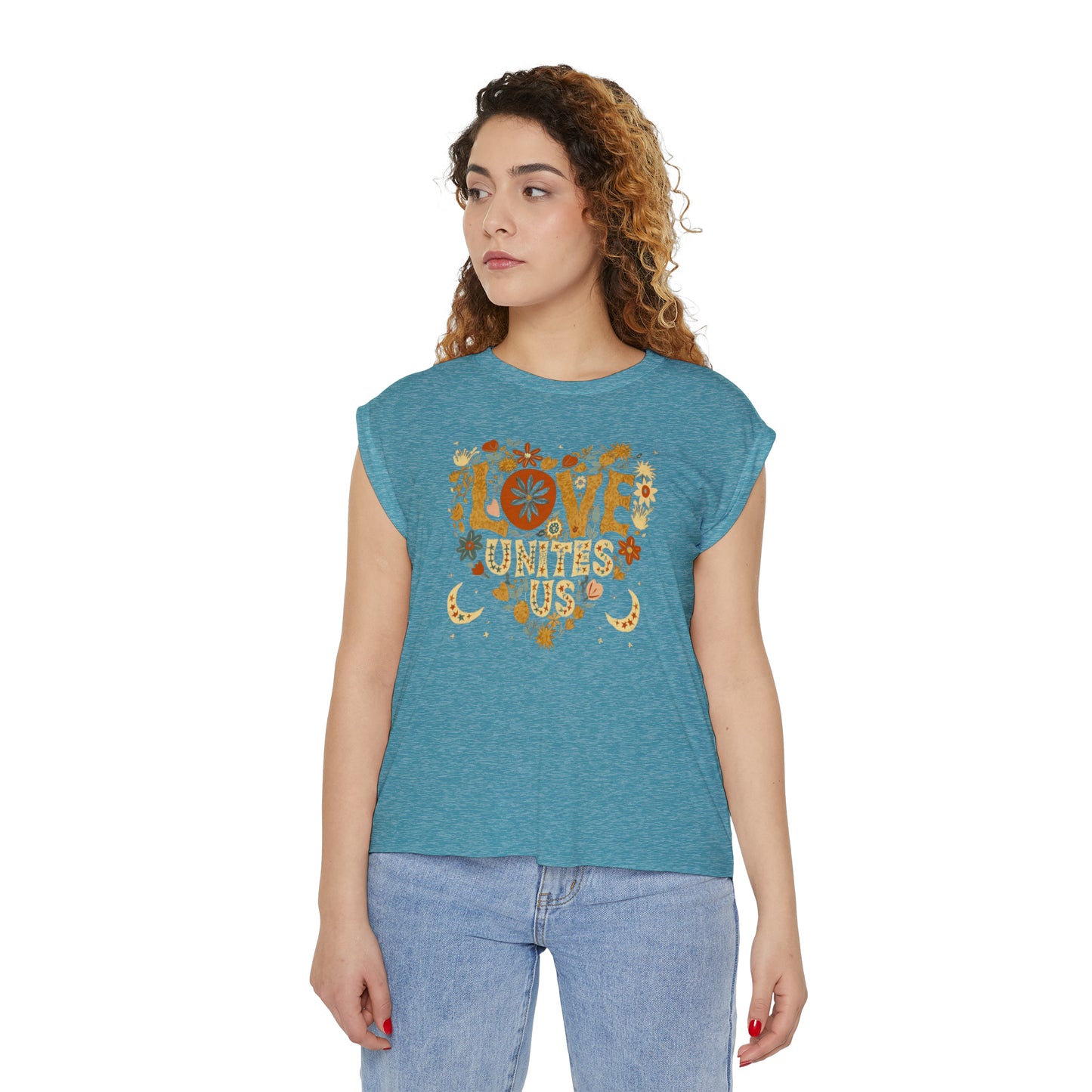 Feel the Love: Women's Flowy Rolled Cuffs Muscle Tee with Scandinavian Heart Design