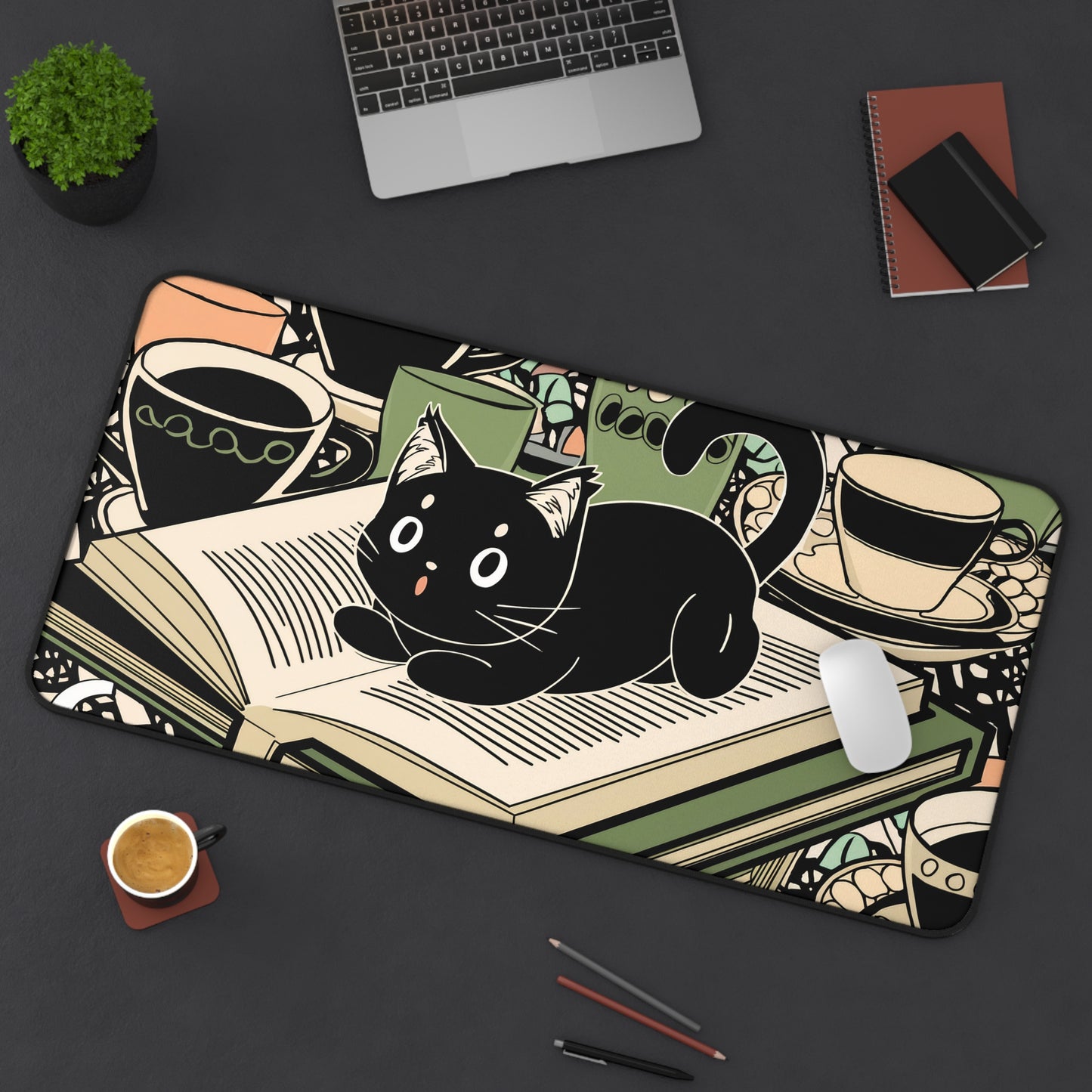 Anime-inspired Black Cat Desk Mat | Playful Illustration for Office or Gaming Available in three sizes: 12" × 18", 12" × 22", and 31" × 15.5"