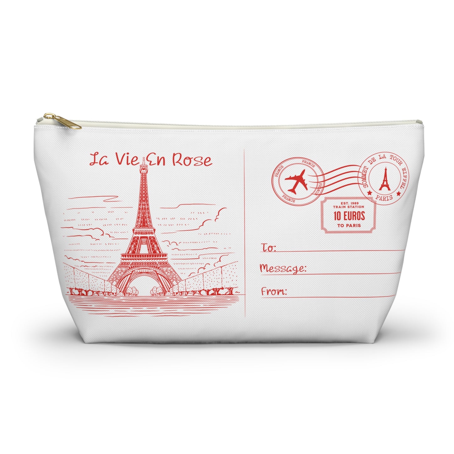 Eiffel Tower Postcard T-Pouch Cosmetic Bag - Small and Large Sizes with White Zipper