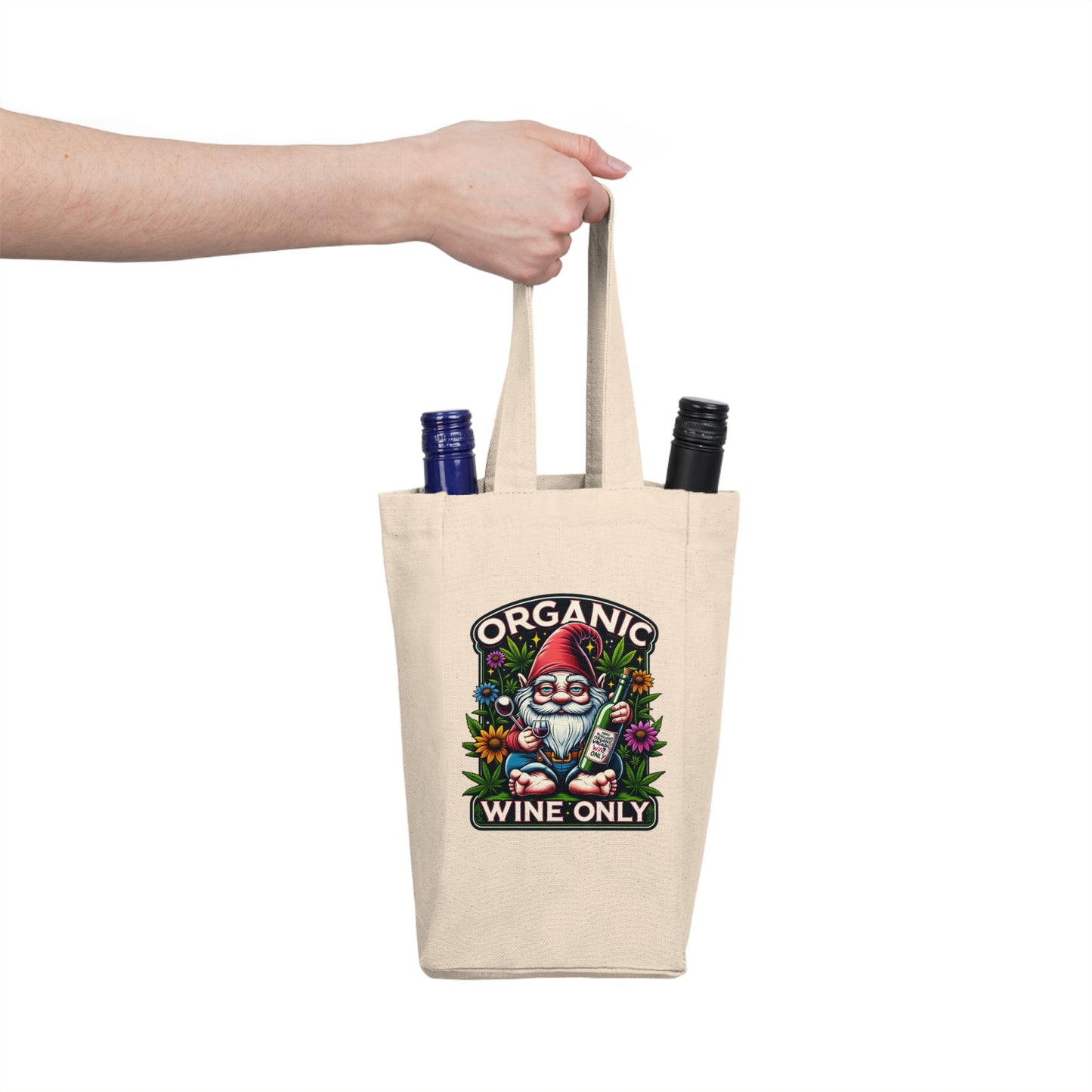 Drunken Cannabis Gnome Double Wine Tote Bag - Organic Wine Only - 100% Cotton Canvas