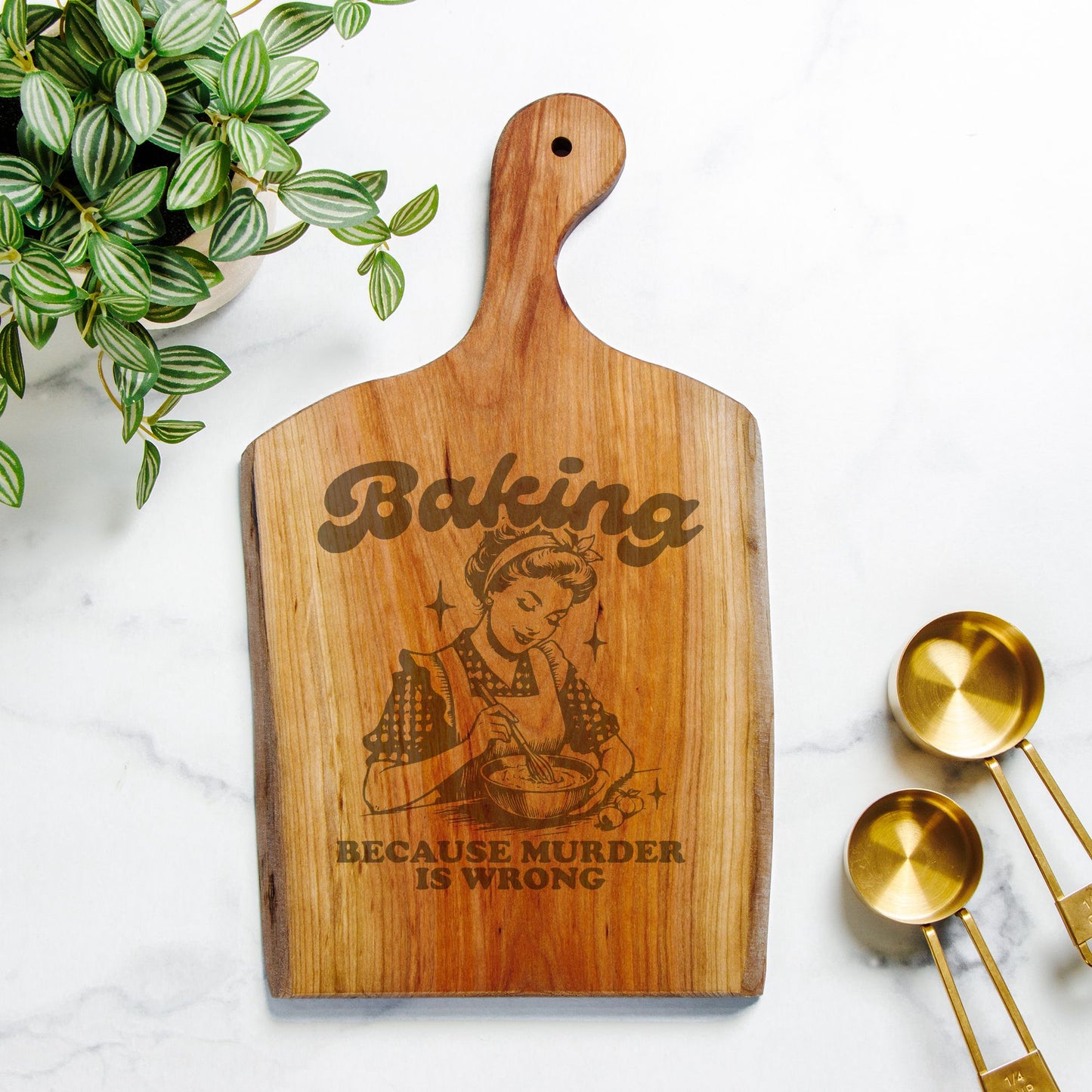 Premium Cherry Wood Live Edge Serving Board - 'Baking because murder is wrong' Design Laser Engraving