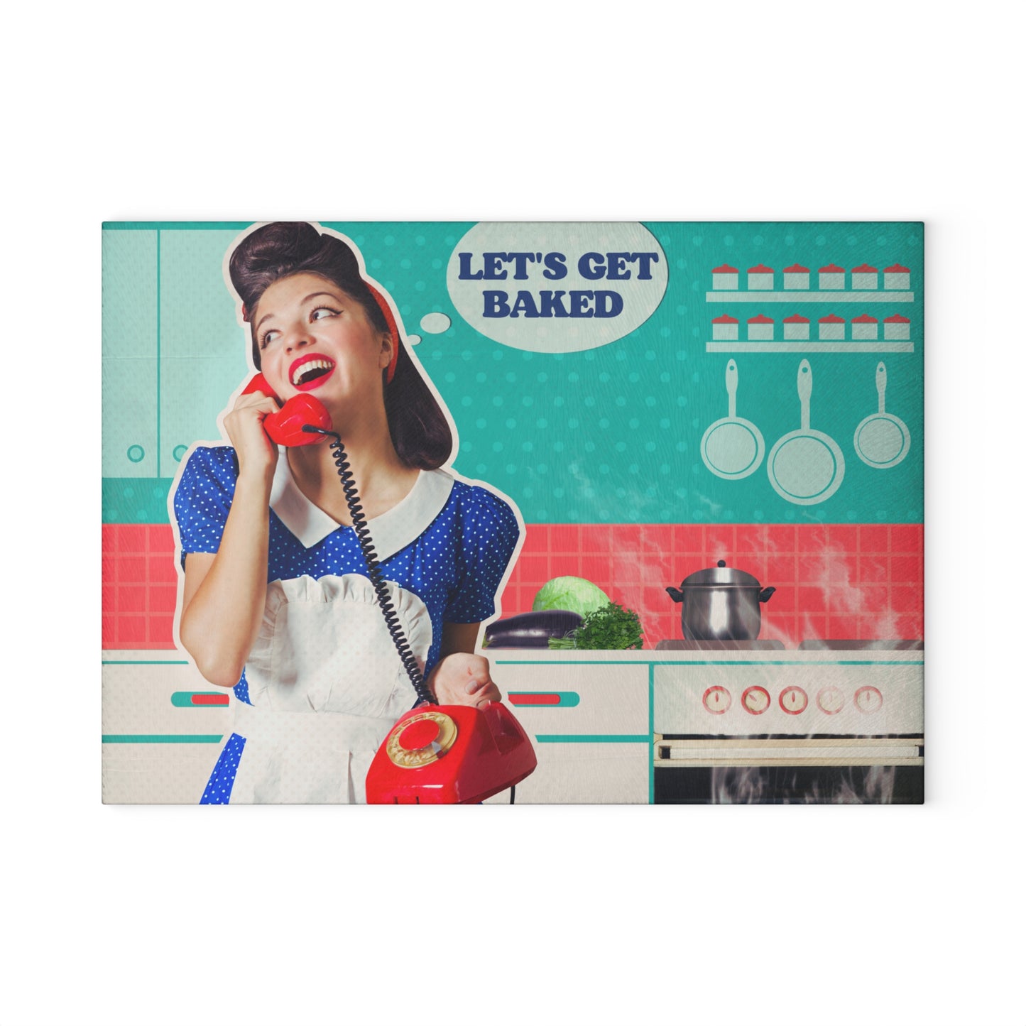 Retro 50s Housewife Cannabis Glass Cutting Board | Let's Get Baked!