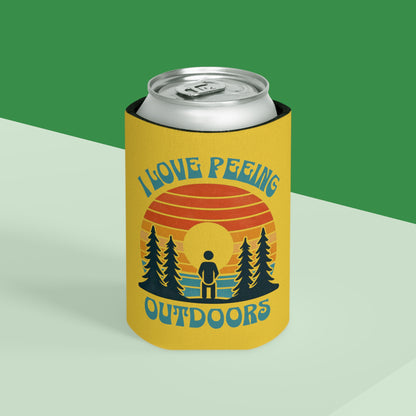 Camping 'I love peeing outdoors' Yellow Can Cooler