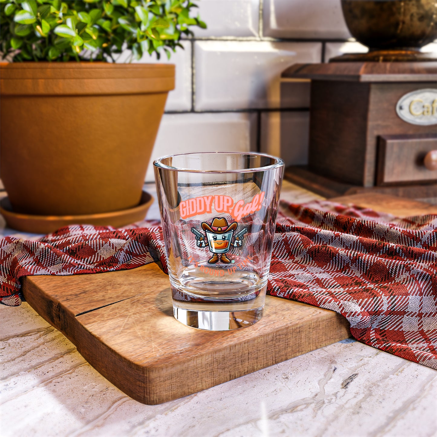 Western Cocktail Glass Set: Giddy Up Gal, Round Up Time Shooter Cocktail Glass 10oz