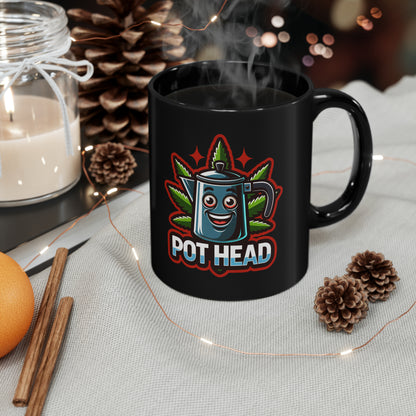 Vintage Cannabis Pot Head Mascot Black Mug | 11oz Ceramic with Glossy Finish