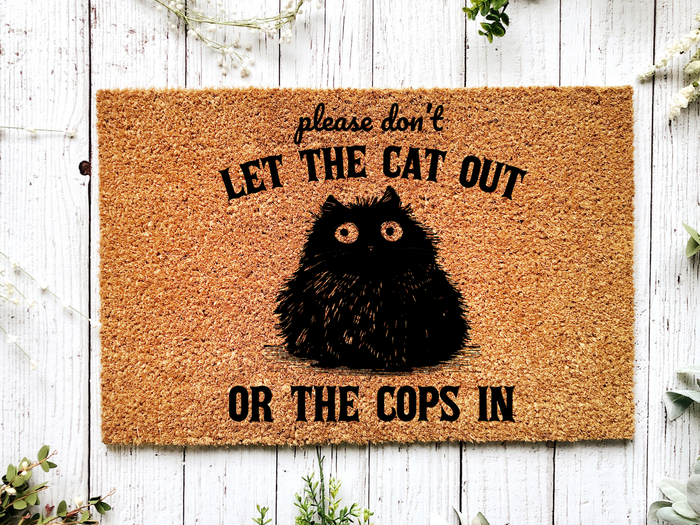 Adorable Black Cat Design Coir Door Mat - Keep Cats In, Police Out!