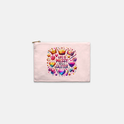 Messy Glitter Life 10 inch, Natural Canvas, White, Black, Pink Custom Design Cosmetic Bag