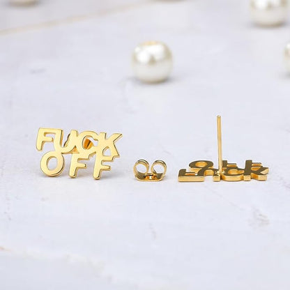 Fuck Off Stainless Steel Ear Studs Gold and Steel Color Bold Statement Jewelry