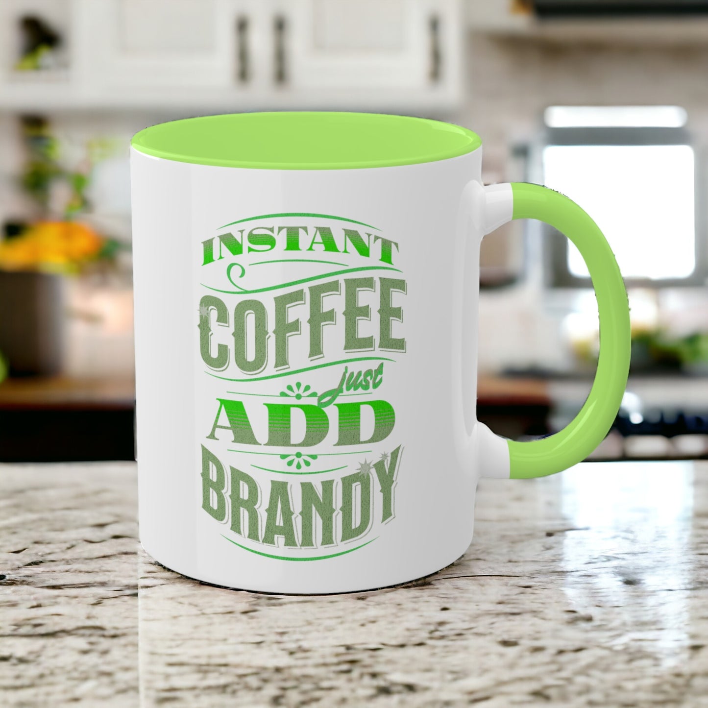 Instant Coffee Just Add Brandy 12 Colorful Coffee Mugs with 12 Custom Designs, 11oz