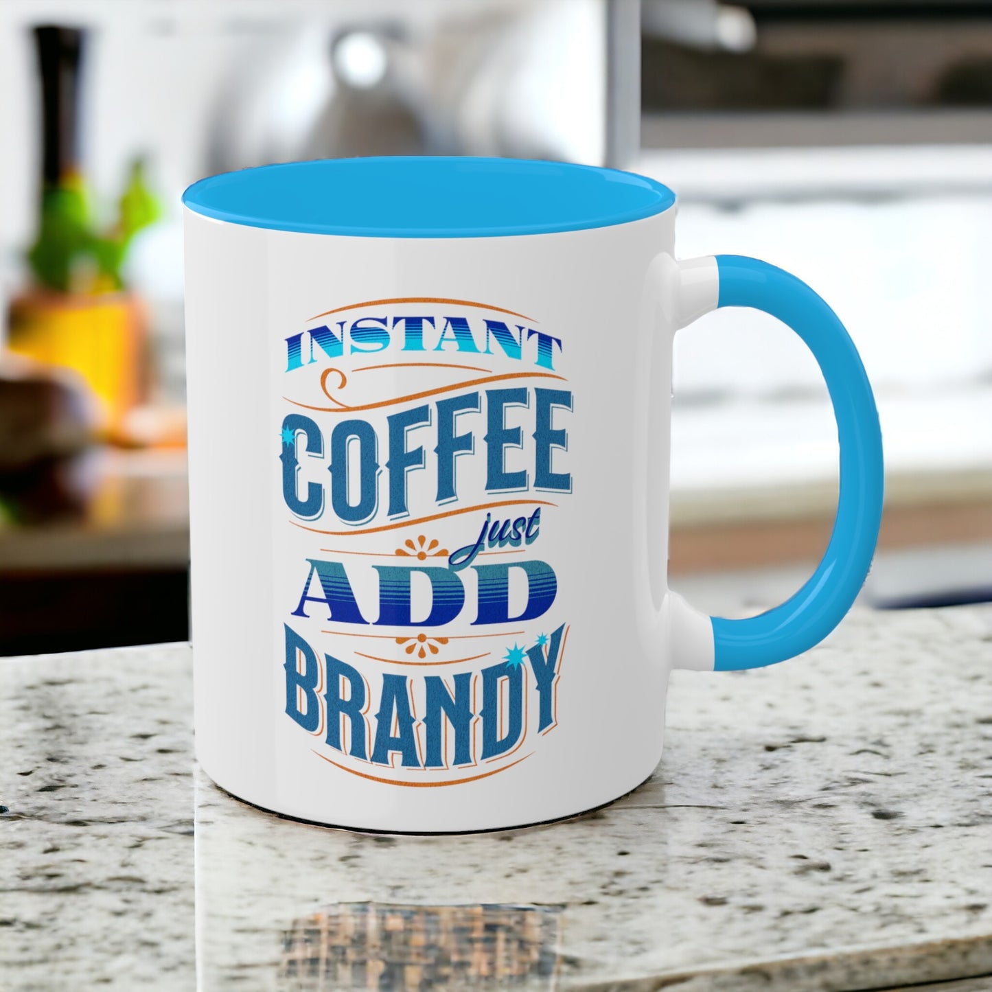 Instant Coffee Just Add Brandy 12 Colorful Coffee Mugs with 12 Custom Designs, 11oz