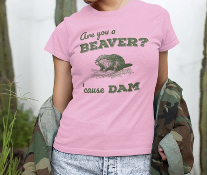 Retro 'Are You a BEAVER? Cause Dam!' T-Shirt - Cute Beaver Building a Dam - Grass Green Bella Canvas 3001