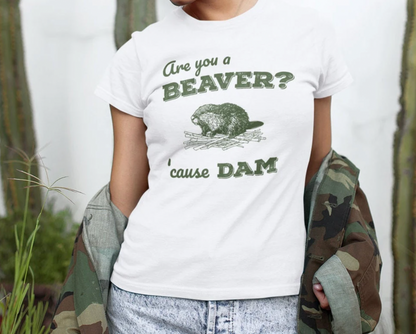 Retro 'Are You a BEAVER? Cause Dam!' T-Shirt - Cute Beaver Building a Dam - Grass Green Bella Canvas 3001