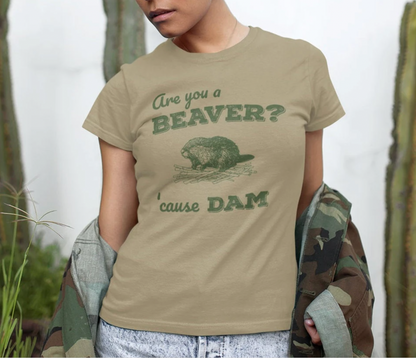 Retro 'Are You a BEAVER? Cause Dam!' T-Shirt - Cute Beaver Building a Dam - Grass Green Bella Canvas 3001