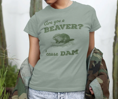 Retro 'Are You a BEAVER? Cause Dam!' T-Shirt - Cute Beaver Building a Dam - Grass Green Bella Canvas 3001