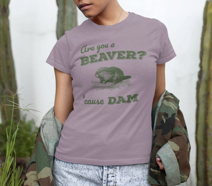 Retro 'Are You a BEAVER? Cause Dam!' T-Shirt - Cute Beaver Building a Dam - Grass Green Bella Canvas 3001