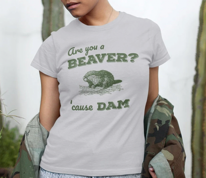 Retro 'Are You a BEAVER? Cause Dam!' T-Shirt - Cute Beaver Building a Dam - Grass Green Bella Canvas 3001