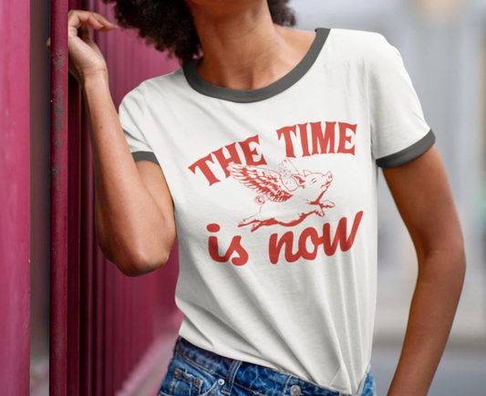 Vintage 'The Time is Now' Flying Pig Ringer T-Shirt - Limited Edition Colors