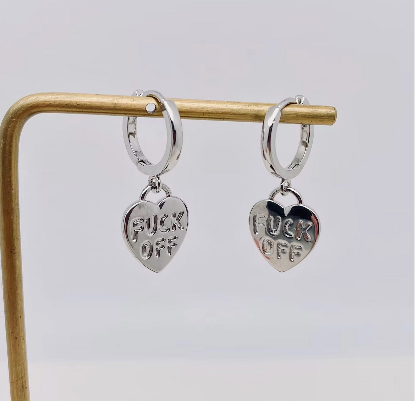 Fuck Off Heart-Shaped Gold & Silver Plated Huggie Earrings