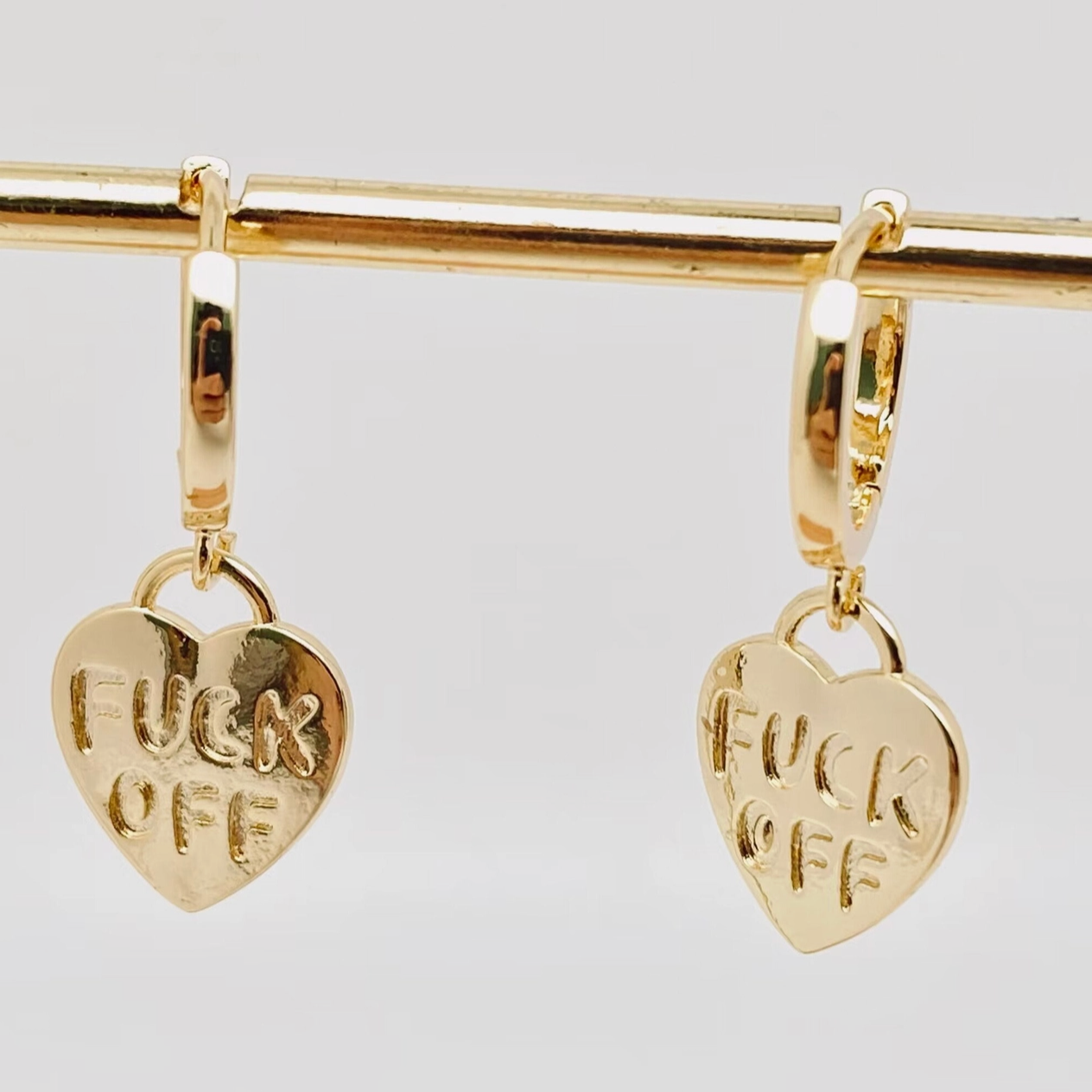 Fuck Off Heart-Shaped Gold & Silver Plated Huggie Earrings