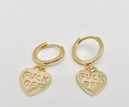 Fuck Off Heart-Shaped Gold & Silver Plated Huggie Earrings