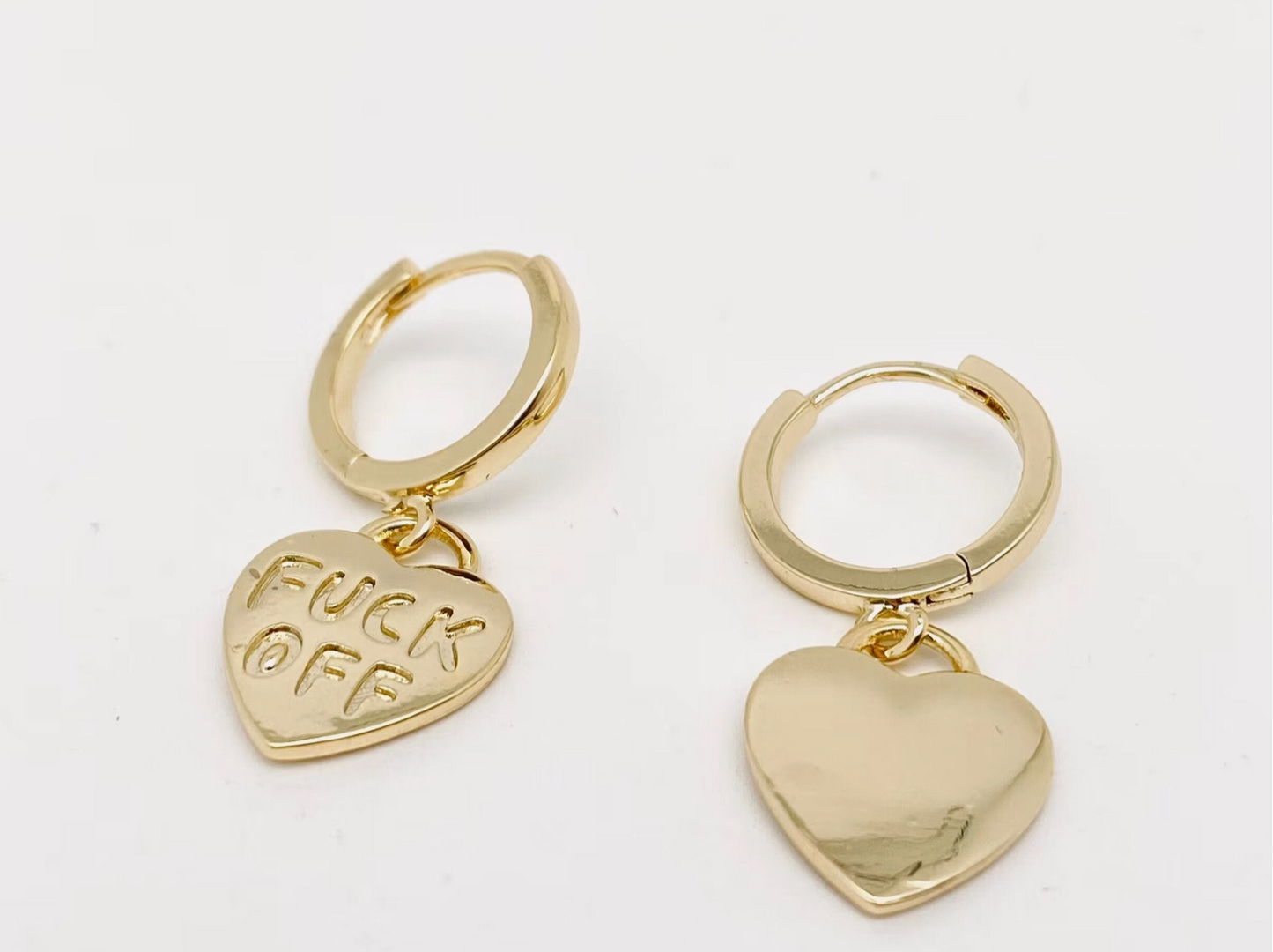 Fuck Off Heart-Shaped Gold & Silver Plated Huggie Earrings