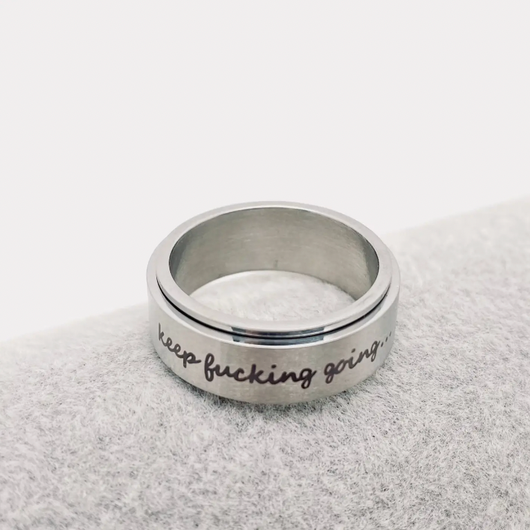 Keep Fucking Going Spinner Ring | Silver & Black Stainless Steel Anxiety Ring Includes a Novel Ring Gift Box