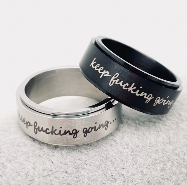 Keep Fucking Going Spinner Ring | Silver & Black Stainless Steel Anxiety Ring Includes a Novel Ring Gift Box