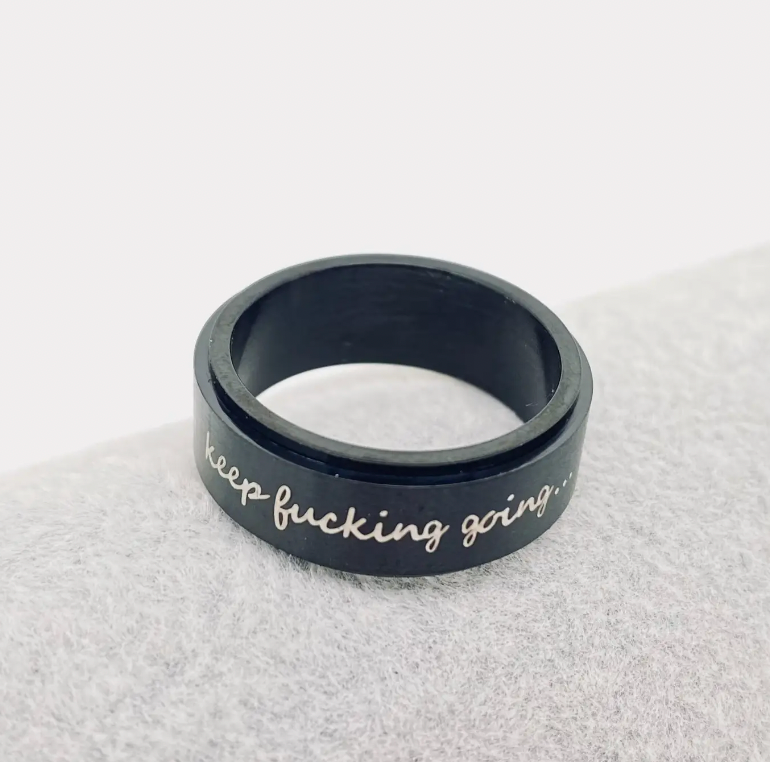 Keep Fucking Going Spinner Ring | Silver & Black Stainless Steel Anxiety Ring Includes a Novel Ring Gift Box