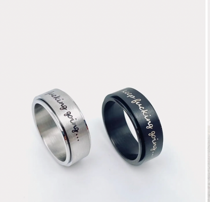 Keep Fucking Going Spinner Ring | Silver & Black Stainless Steel Anxiety Ring Includes a Novel Ring Gift Box