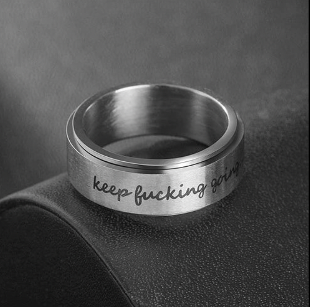 Keep Fucking Going Spinner Ring | Silver & Black Stainless Steel Anxiety Ring Includes a Novel Ring Gift Box