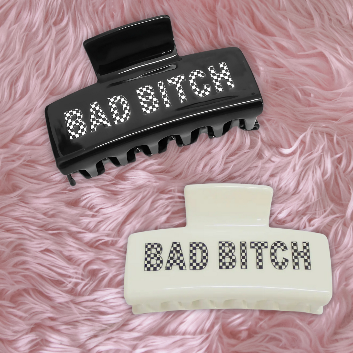 Checker 'Bad Bitch' Acrylic Hair Clip with Velvet Moon Star Gift Bag - Bold Gift for Confident Women