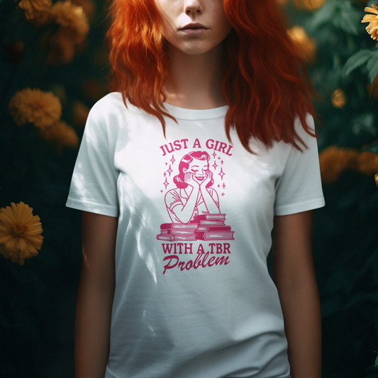 Vintage-Inspired Pink Line Drawing T-Shirt: Just a Girl with a TBR Problem Unisex Jersey Short Sleeve Tee