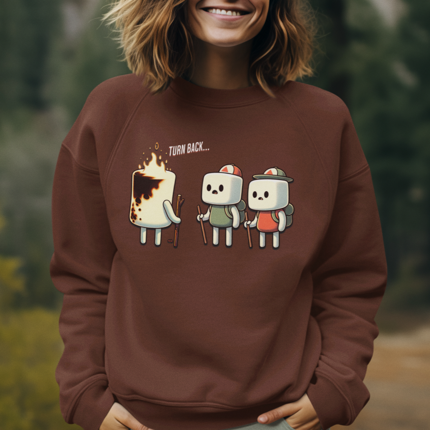 Funny Camping Unisex Sweatshirt - Marshmallow Man in Distress Design for S'mores Lovers Midweight Softstyle Fleece Crewneck