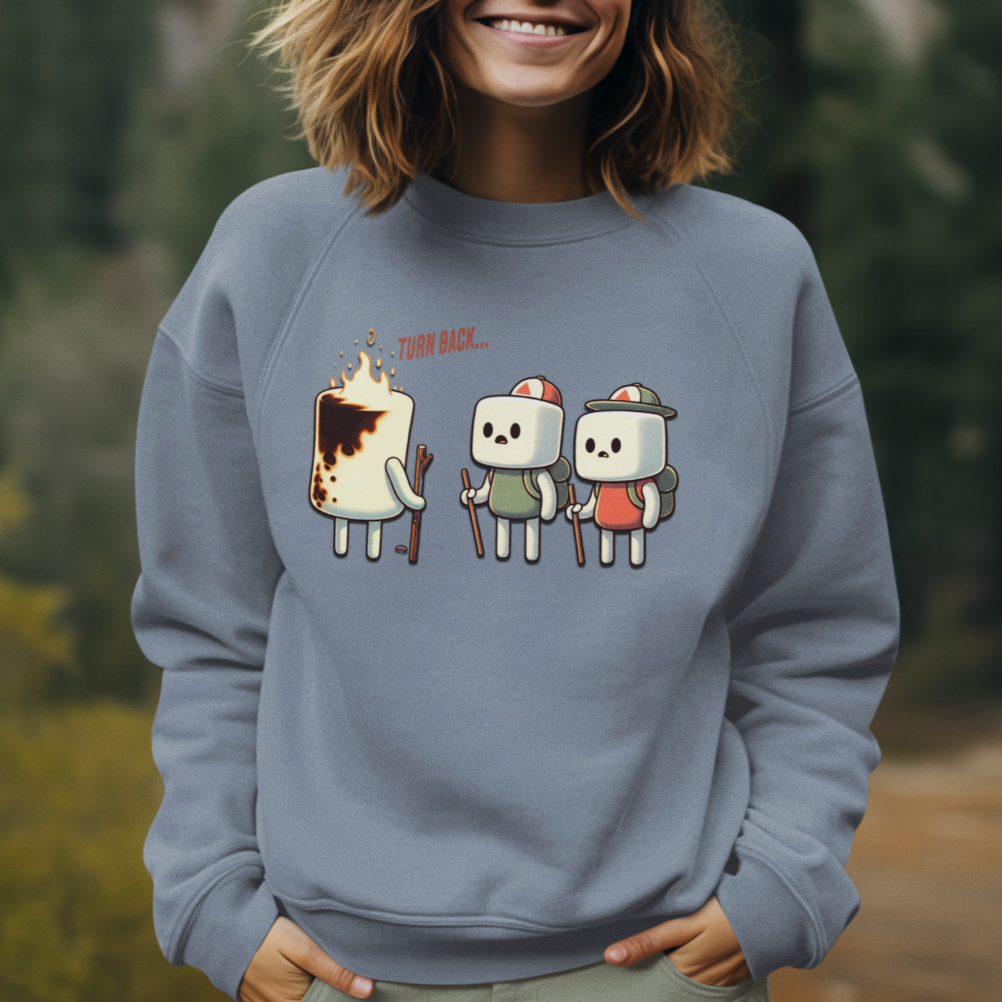 Funny Camping Unisex Sweatshirt - Marshmallow Man in Distress Design for S'mores Lovers Midweight Softstyle Fleece Crewneck