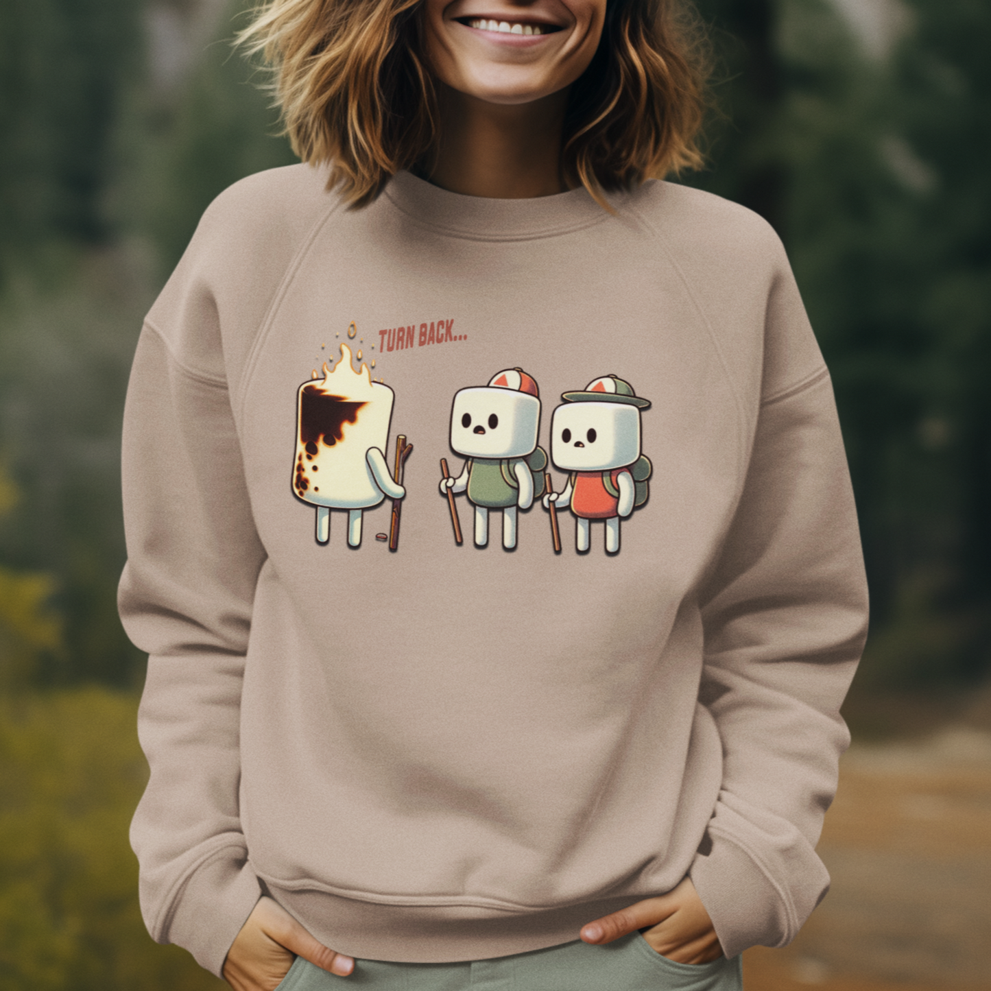 Funny Camping Unisex Sweatshirt - Marshmallow Man in Distress Design for S'mores Lovers Midweight Softstyle Fleece Crewneck