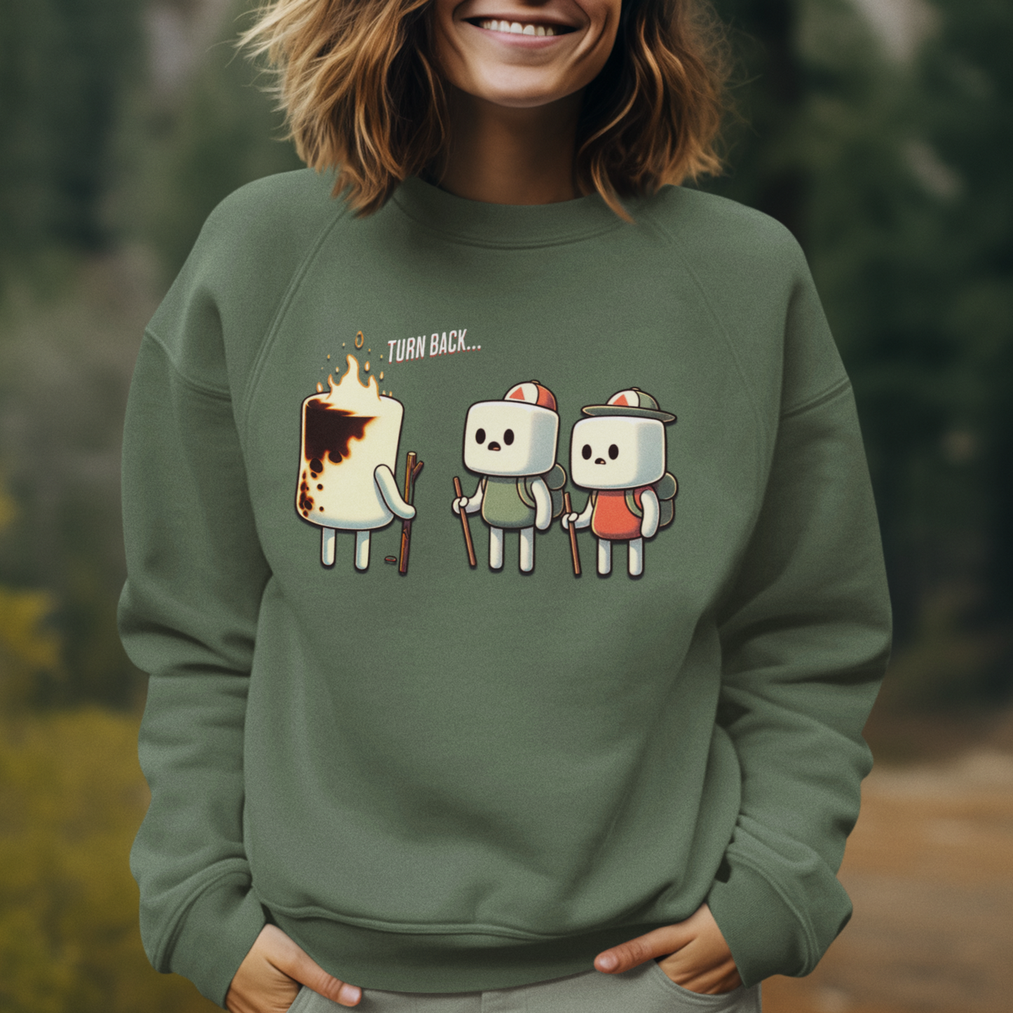 Funny Camping Unisex Sweatshirt - Marshmallow Man in Distress Design for S'mores Lovers Midweight Softstyle Fleece Crewneck