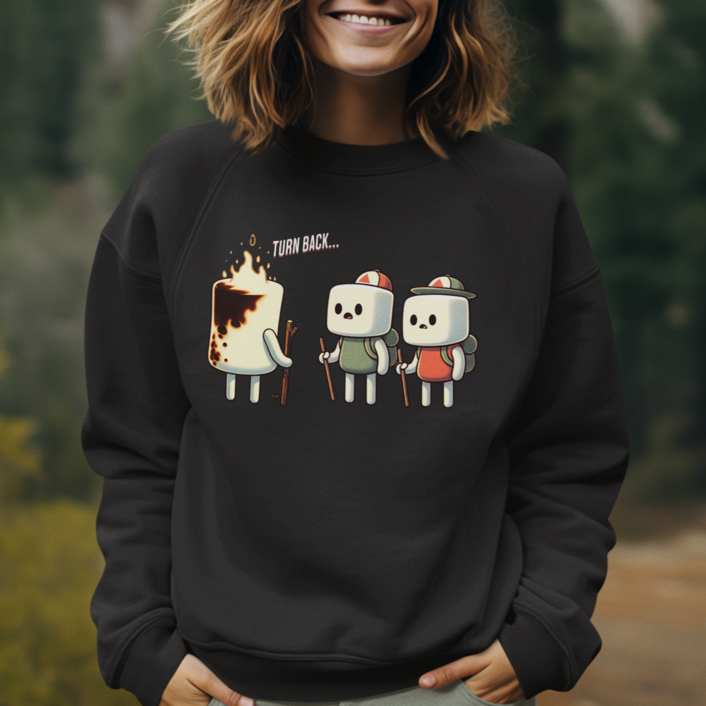 Funny Camping Unisex Sweatshirt - Marshmallow Man in Distress Design for S'mores Lovers Midweight Softstyle Fleece Crewneck