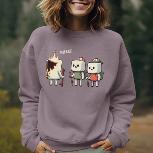 Funny Camping Unisex Sweatshirt - Marshmallow Man in Distress Design for S'mores Lovers Midweight Softstyle Fleece Crewneck