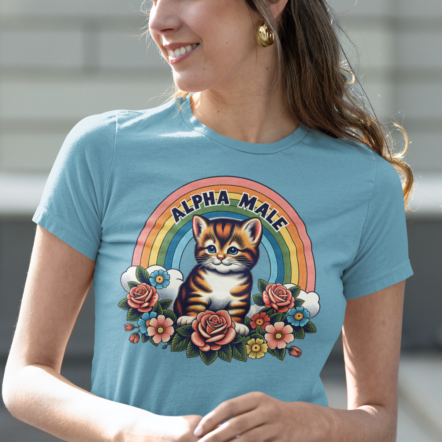 Alpha Male: Sarcastic Fun with an Adorable Kitten, Rainbow, and Flowers on White - Unisex Jersey Short Sleeve Tee