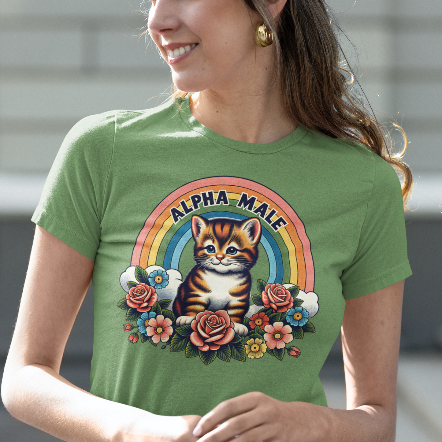 Alpha Male: Sarcastic Fun with an Adorable Kitten, Rainbow, and Flowers on White - Unisex Jersey Short Sleeve Tee