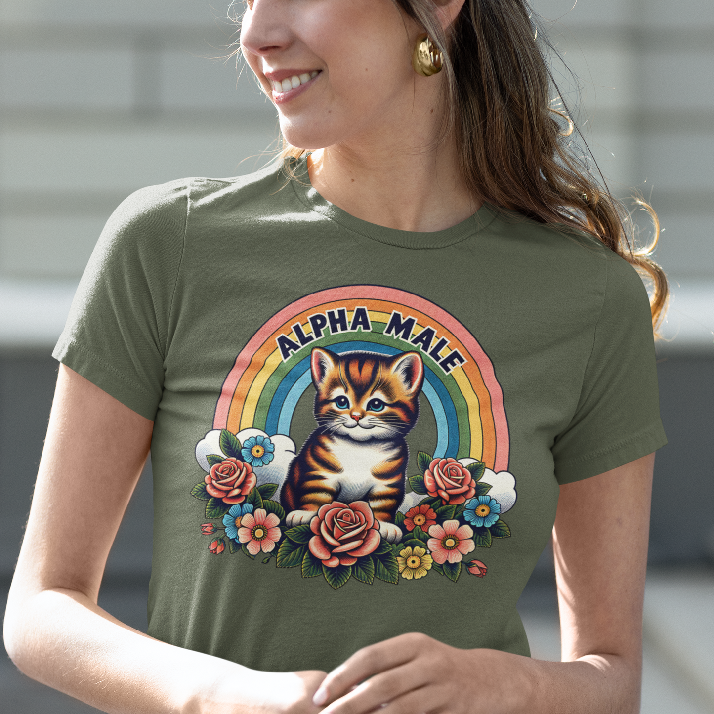 Alpha Male: Sarcastic Fun with an Adorable Kitten, Rainbow, and Flowers on White - Unisex Jersey Short Sleeve Tee