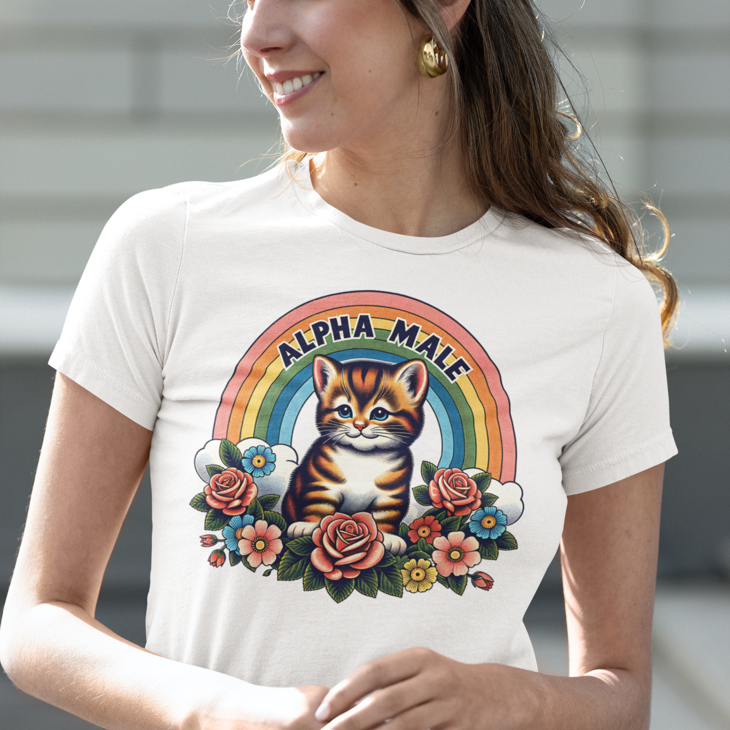 Alpha Male: Sarcastic Fun with an Adorable Kitten, Rainbow, and Flowers on White - Unisex Jersey Short Sleeve Tee